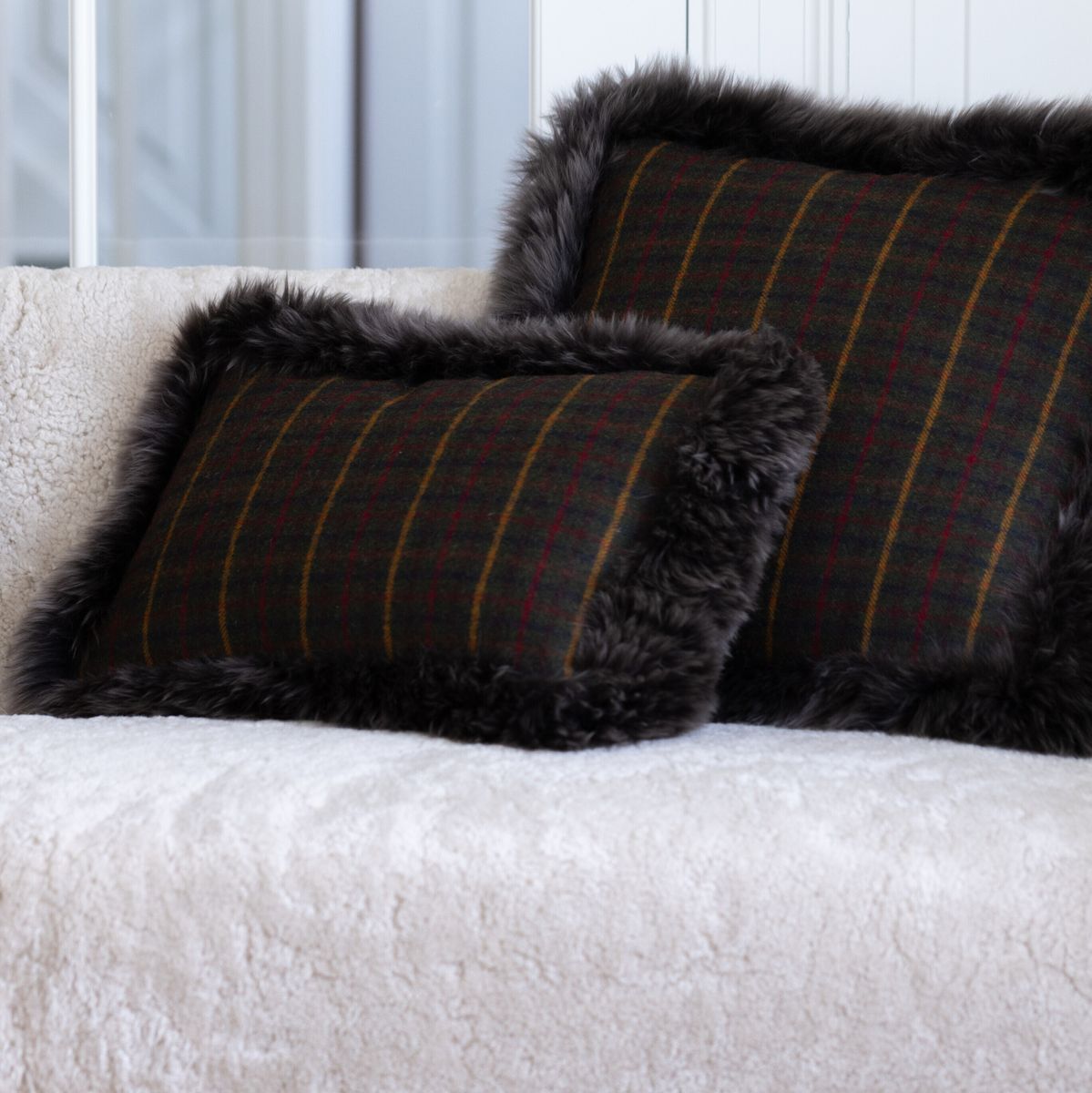 Checked Collection | Ullkudde | Lång lugg | Dubbelsidig | 34x52 cm Kakao – Mörkbrun / Ljusbrun