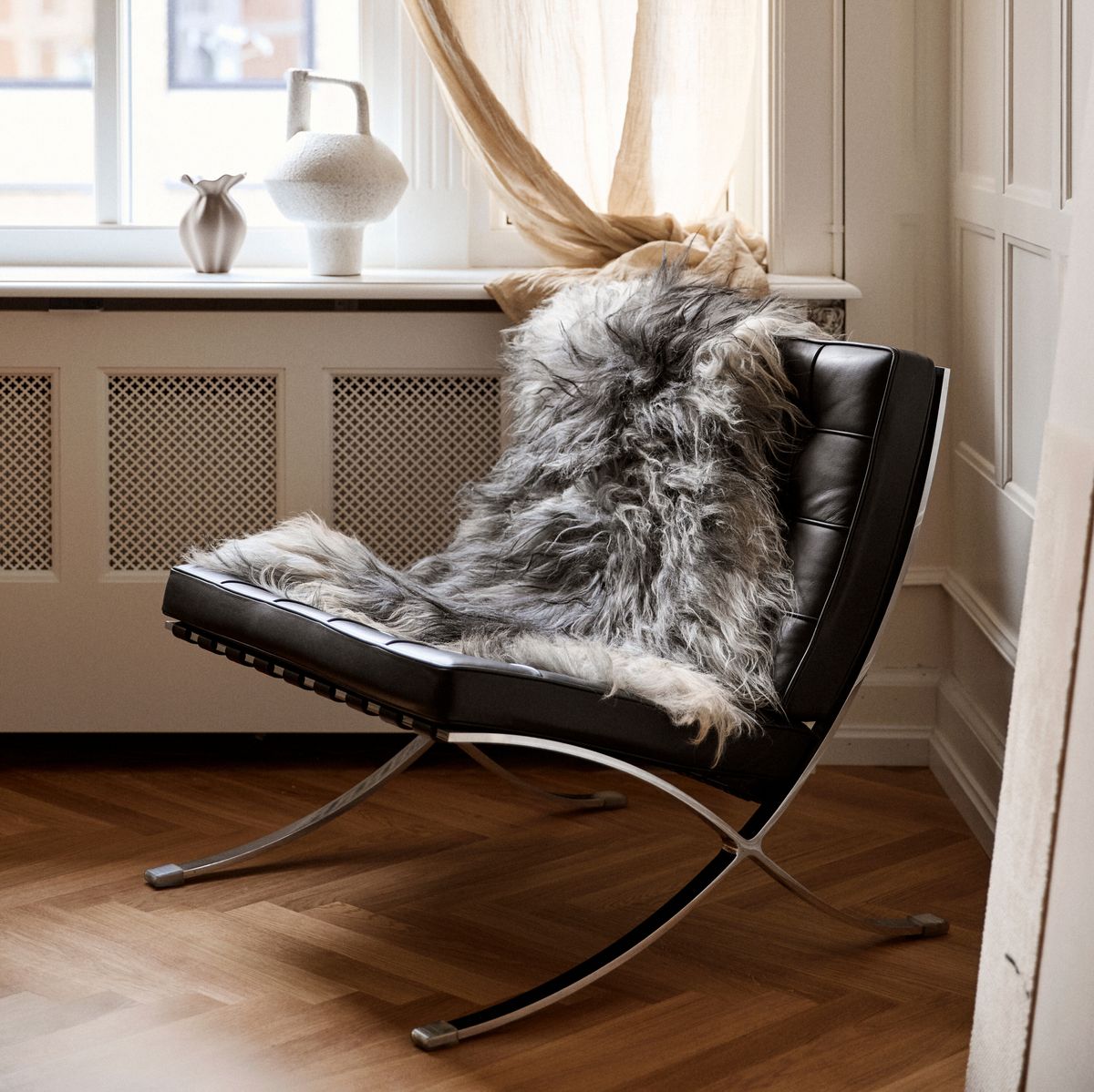 Fårskinn | Lång lugg | Island | 90x60 cm Naturleg Grå