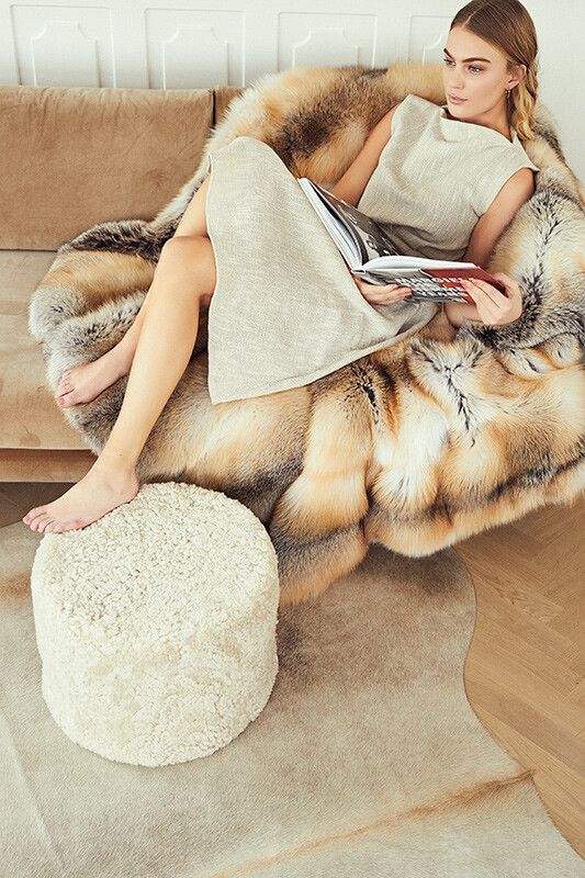 Premium rävskinnspläd | Kasmirbaksida | Light Gold | 150x150 cm Ljus guld