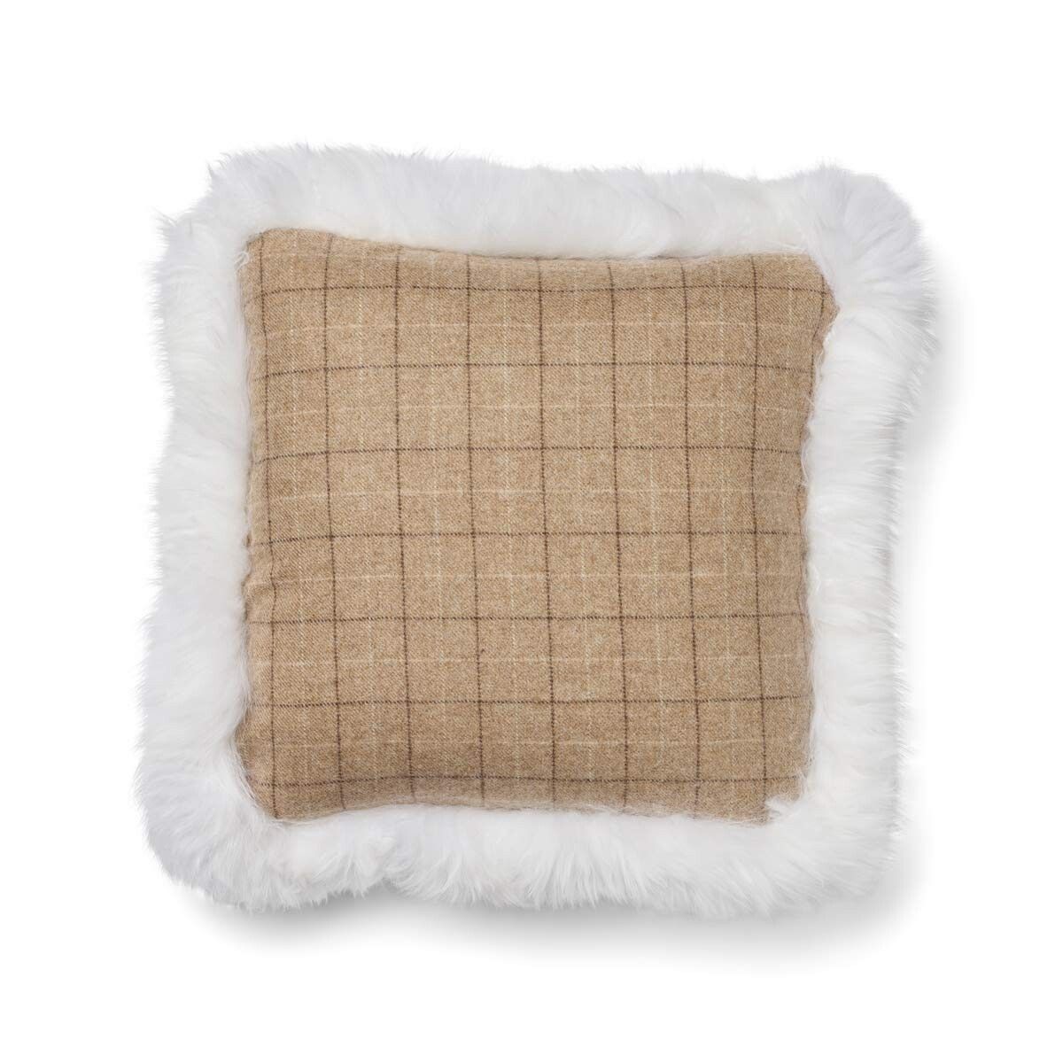 Checked Collection | Ullkudde | Lång lugg | 52x52 cm Rutigt / Beige / Vit