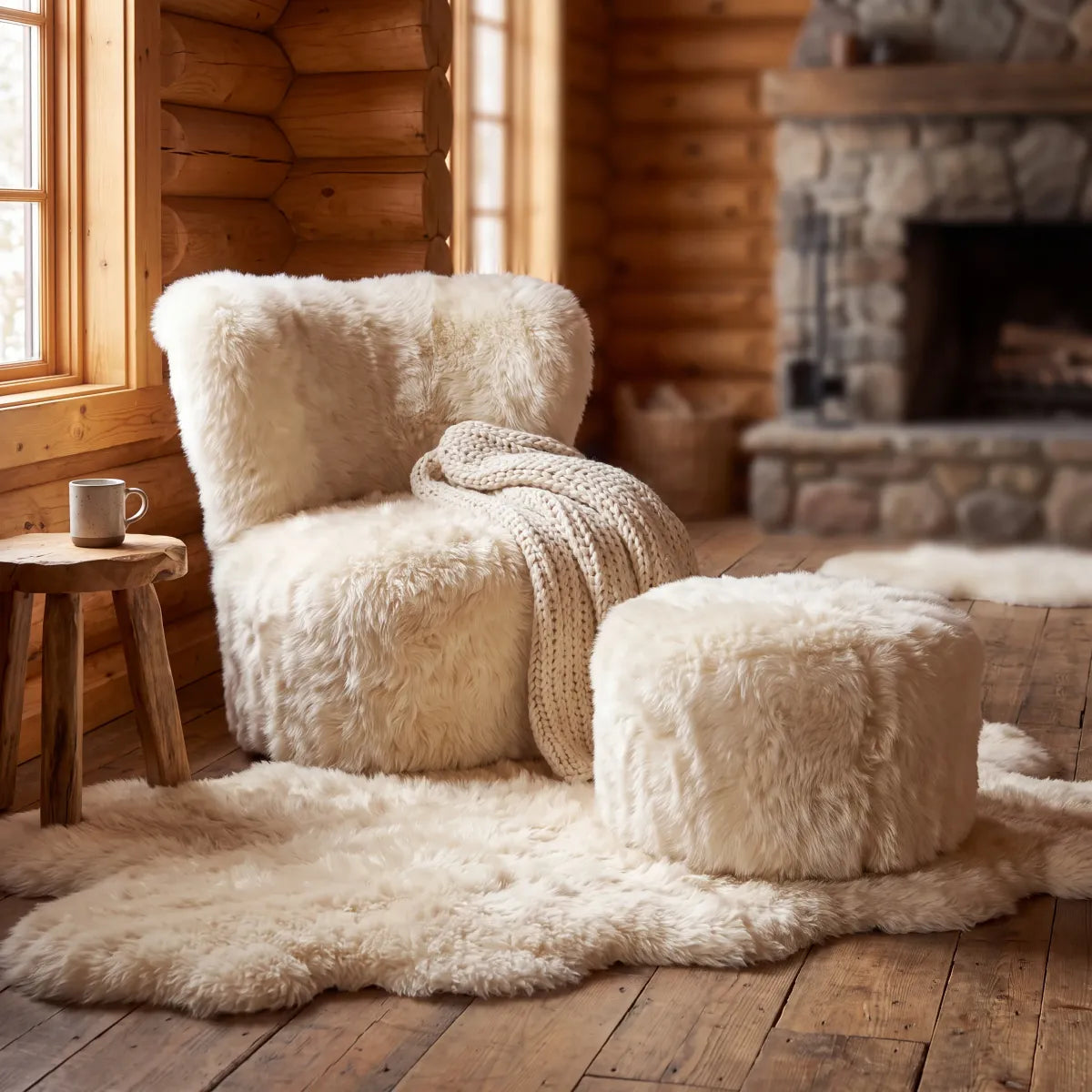Skandi Footrest | Lång lugg Fårskinn | Nya Zeeland Beige