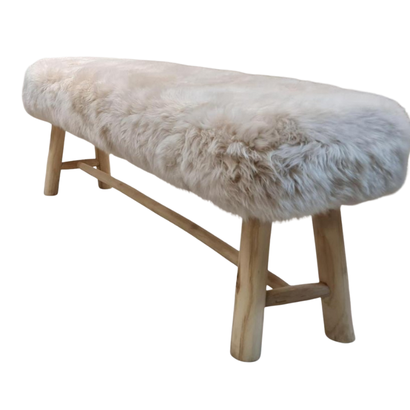 Bänk med fårskinn | Ek | Långhårig  Beige